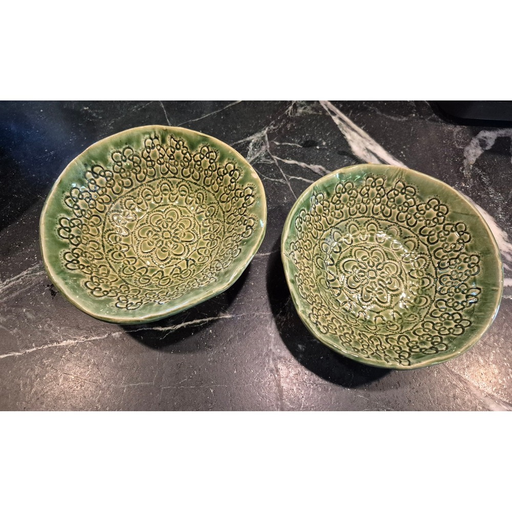Signed Studio Pottery Green Floral Bowls Set Of 2 Embossed Ceramic Decor